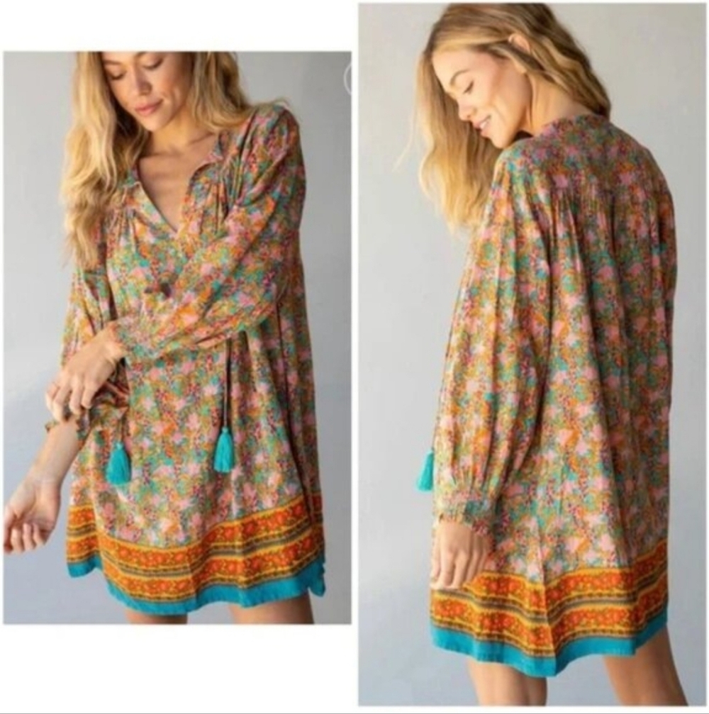 NATURAL LIFE Floral Boho Tunic Dress with Turquoise Trim